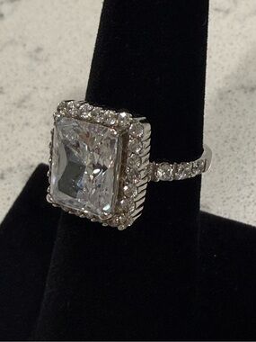 Diamonique Sterling 5.00 ct tw Emerald cut & Pave ring